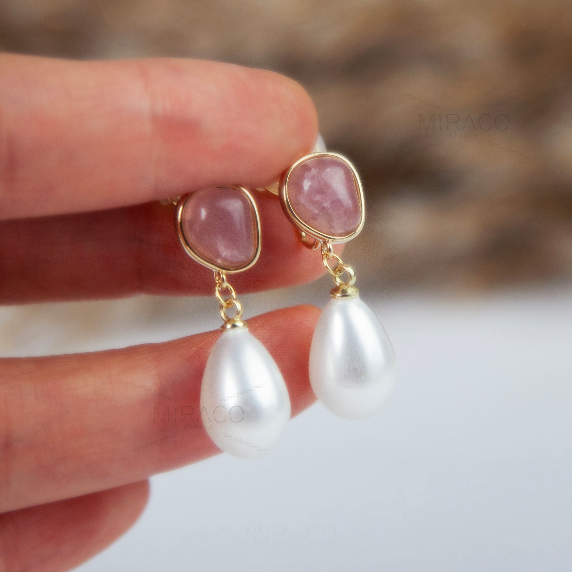 Dangle Pearls Clip On Earrings, Water Drop Pearls Dangle Earrings Pink Stone Non Pierced Earrings