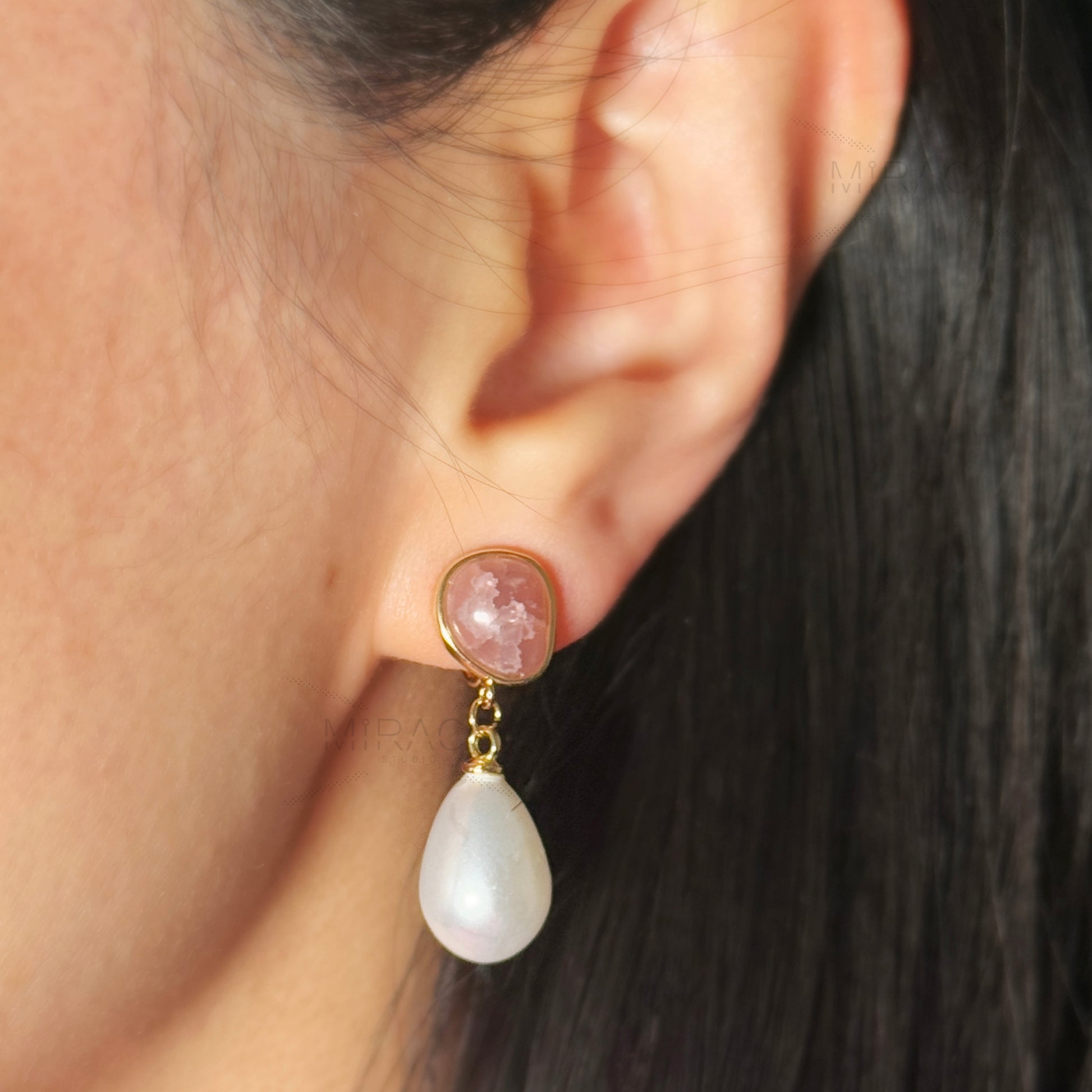 Dangle Pearls Clip On Earrings, Water Drop Pearls Dangle Earrings Pink Stone Non Pierced Earrings