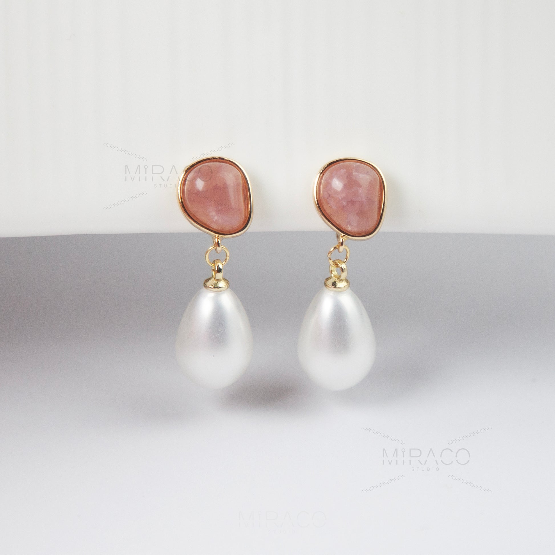Dangle Pearls Clip On Earrings, Water Drop Pearls Dangle Earrings Pink Stone Non Pierced Earrings