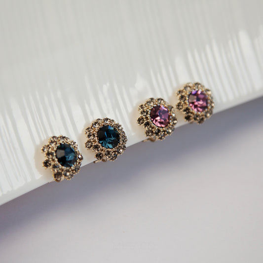 Deep Blue Gemstone Clip On Earrings for Women, Navy Blue Diamond Studs Non-pierced Earrings, Clip On Crystal Stud Earring, Blue Gem Ear Clips