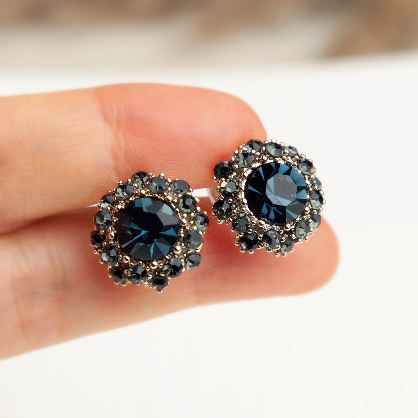 Deep Blue Gemstone Clip On Earrings for Women, Navy Blue Diamond Studs Non-pierced Earrings, Clip On Crystal Stud Earring, Blue Gem Ear Clips