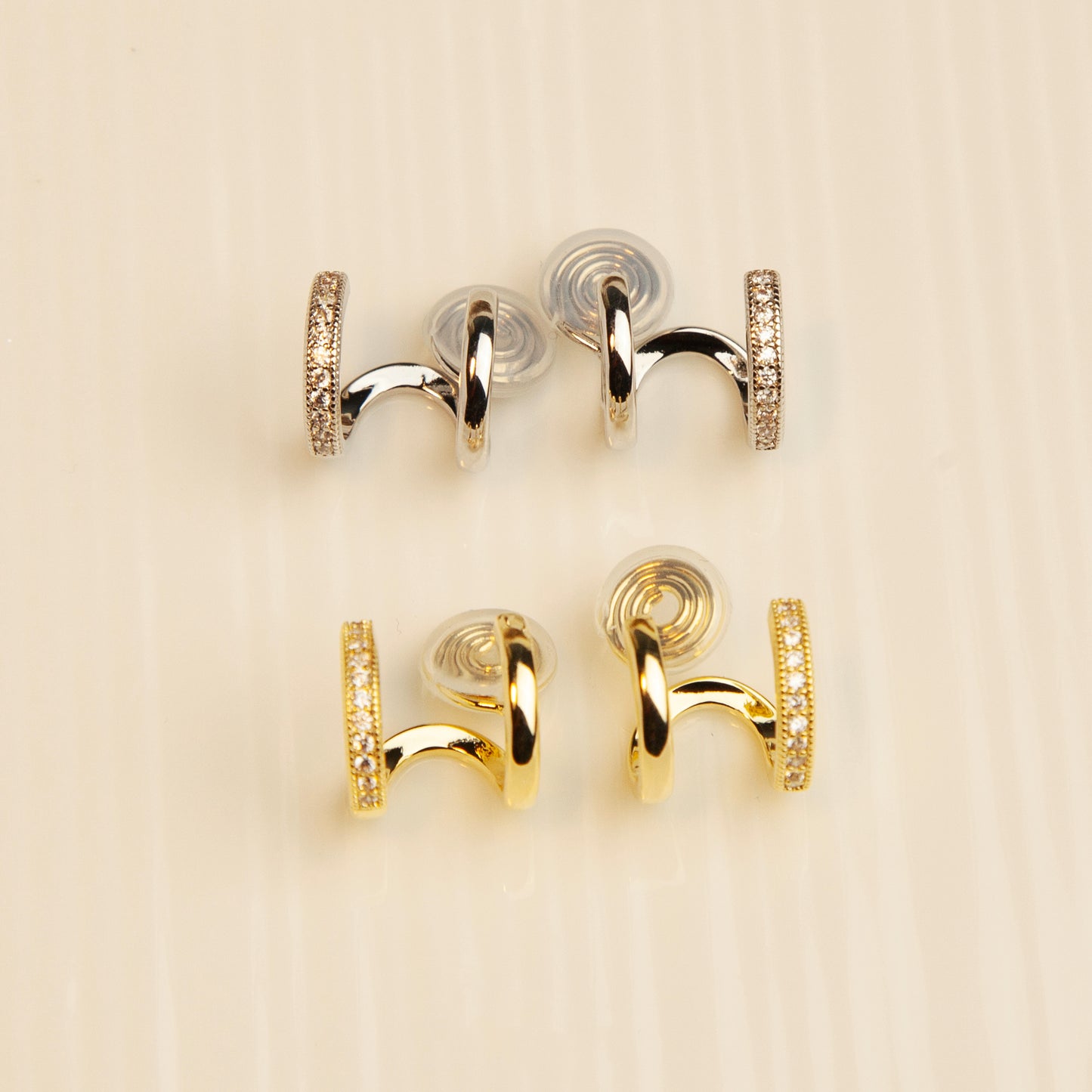 Double Hoop Stud Earrings in Silver and Gold, Crystal Minimalist Clip On Huggie Earrings, No Piercing Earrings, Clip On Small Hoop Earrings
