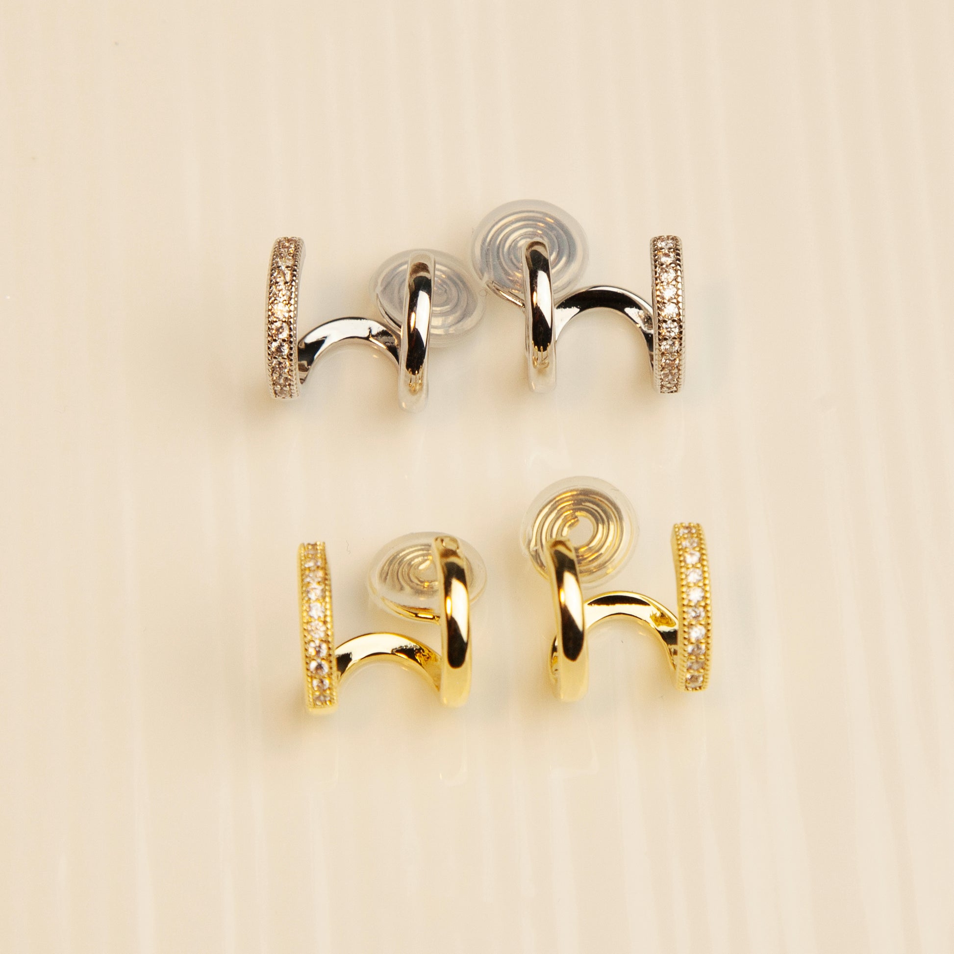 Double Hoop Stud Earrings in Silver and Gold, Crystal Minimalist Clip On Huggie Earrings, No Piercing Earrings, Clip On Small Hoop Earrings