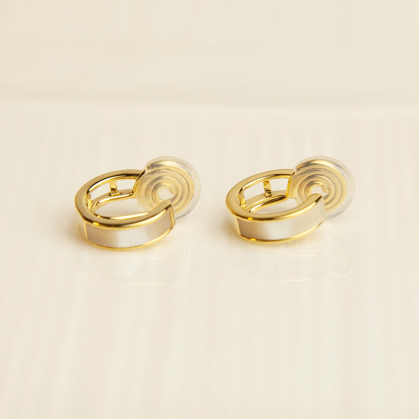 Elegant Clip On Huggie Earrings, Cream White Huggie Hoops, Gold Plated Mother Of Pearl Hoop Earrings, No Piercing Earring, Invisible Clip On Earrings