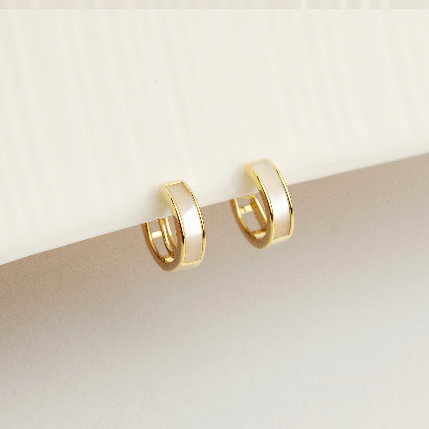 Elegant Clip On Huggie Earrings, Cream White Huggie Hoops, Gold Plated Mother Of Pearl Hoop Earrings, No Piercing Earring, Invisible Clip On Earrings
