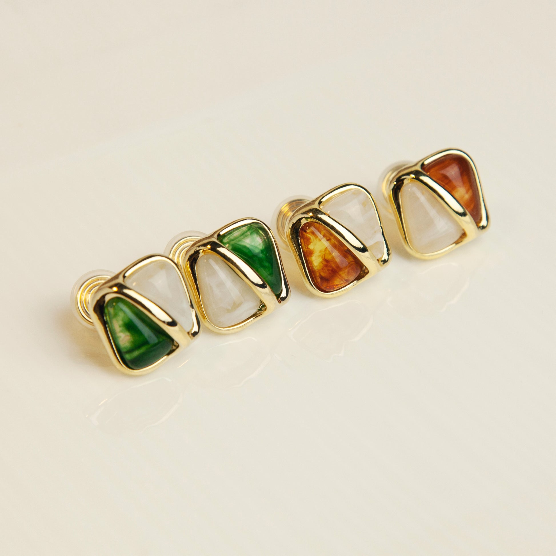 Elegant Large Square Stud Earrings, Clip On Earrings for Women, Green Brown Resin Clip On Earrings with Gold Frame, Non Pierced Earrings
