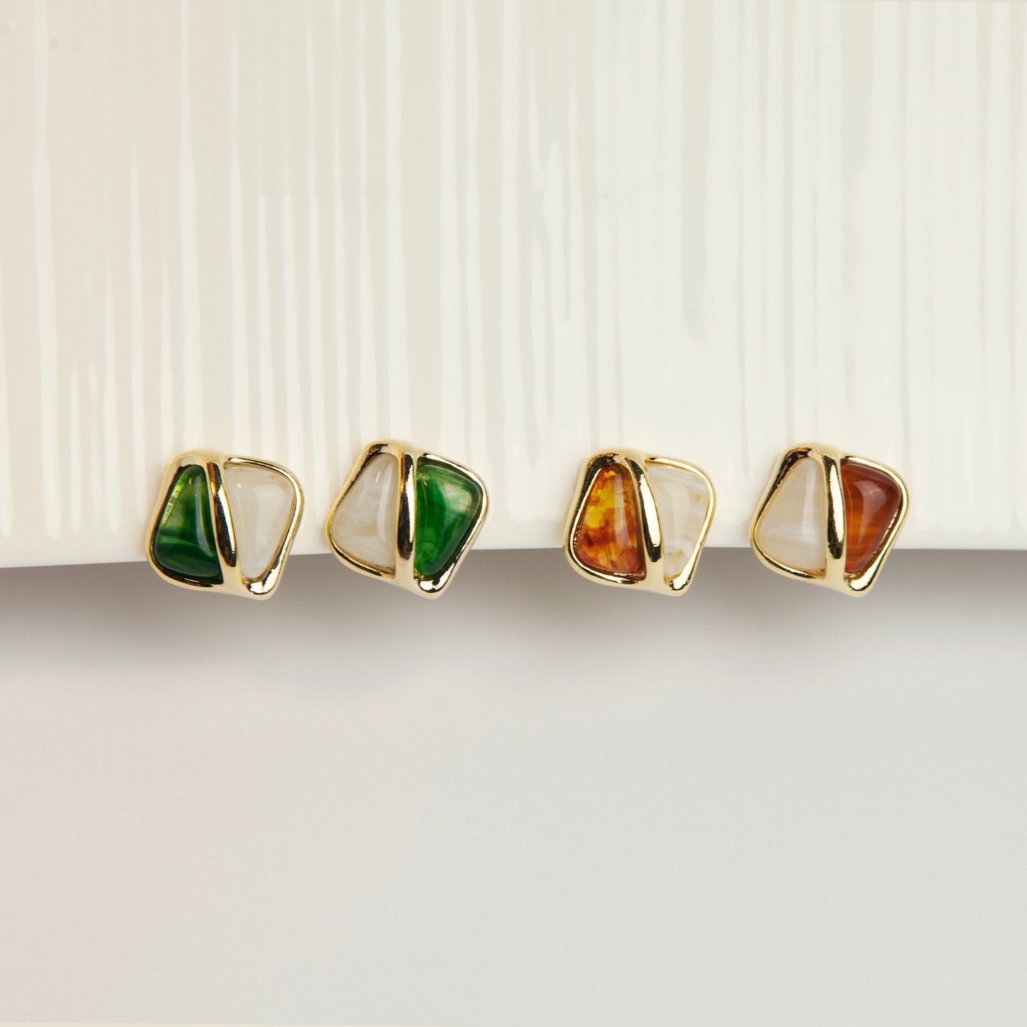 Elegant Large Square Stud Earrings, Clip On Earrings for Women, Green Brown Resin Clip On Earrings with Gold Frame, Non Pierced Earrings