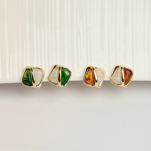Elegant Large Square Stud Earrings, Clip On Earrings for Women, Green Brown Resin Clip On Earrings with Gold Frame, Non Pierced Earrings