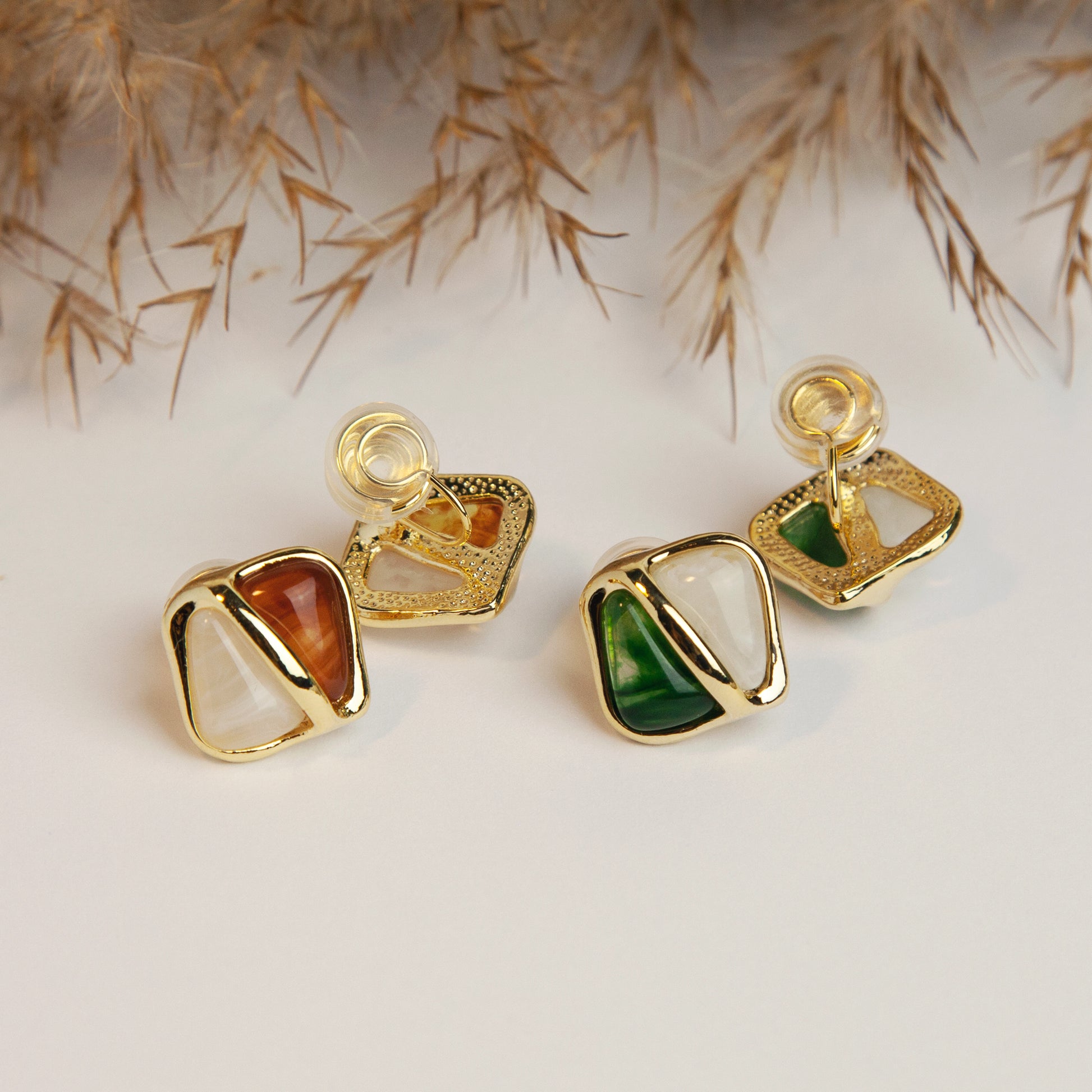 Elegant Large Square Stud Earrings, Clip On Earrings for Women, Green Brown Resin Clip On Earrings with Gold Frame, Non Pierced Earrings