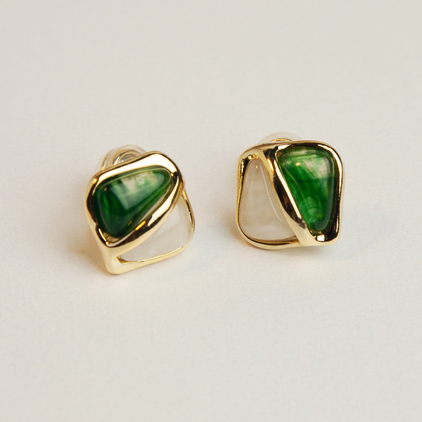 Elegant Large Square Stud Earrings, Clip On Earrings for Women, Green Brown Resin Clip On Earrings with Gold Frame, Non Pierced Earrings