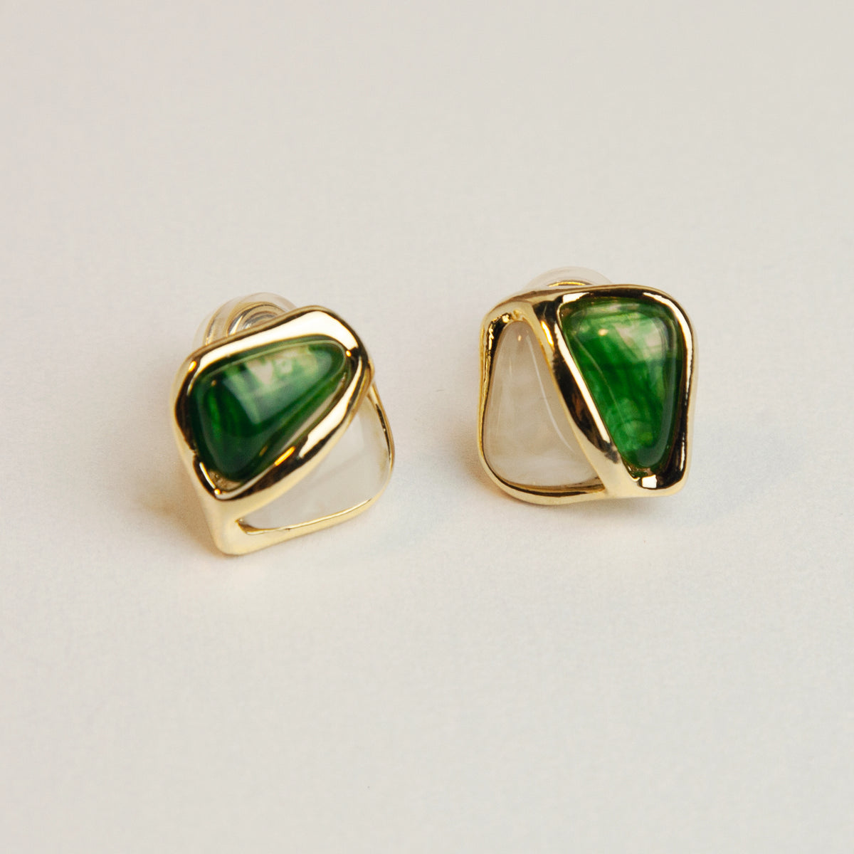 Elegant Large Square Stud Earrings, Clip On Earrings for Women, Green Brown Resin Clip On Earrings with Gold Frame, Non Pierced Earrings