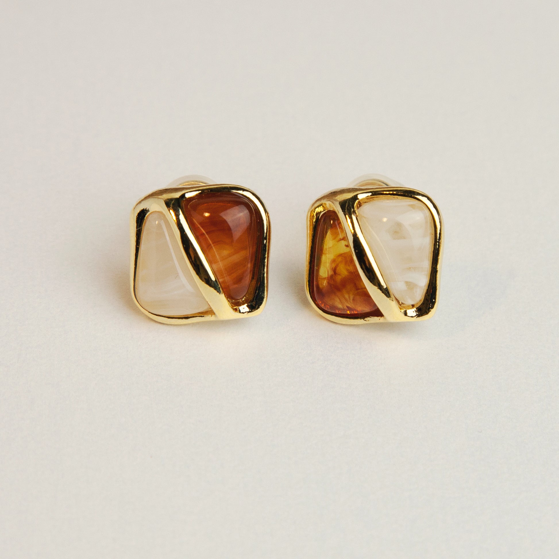Elegant Large Square Stud Earrings, Clip On Earrings for Women, Green Brown Resin Clip On Earrings with Gold Frame, Non Pierced Earrings