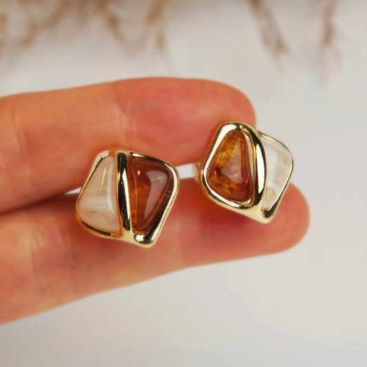Elegant Large Square Stud Earrings, Clip On Earrings for Women, Green Brown Resin Clip On Earrings with Gold Frame, Non Pierced Earrings
