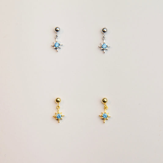 Elegant Starburst Stud Earrings with Blue CZ Crystals, Tiny Sparkle Dangle Stud Earring, Skinny Earring, Screw Back Labret Stud Cartilage Earring Tragus Stud Helix Piercing Nose Piercing