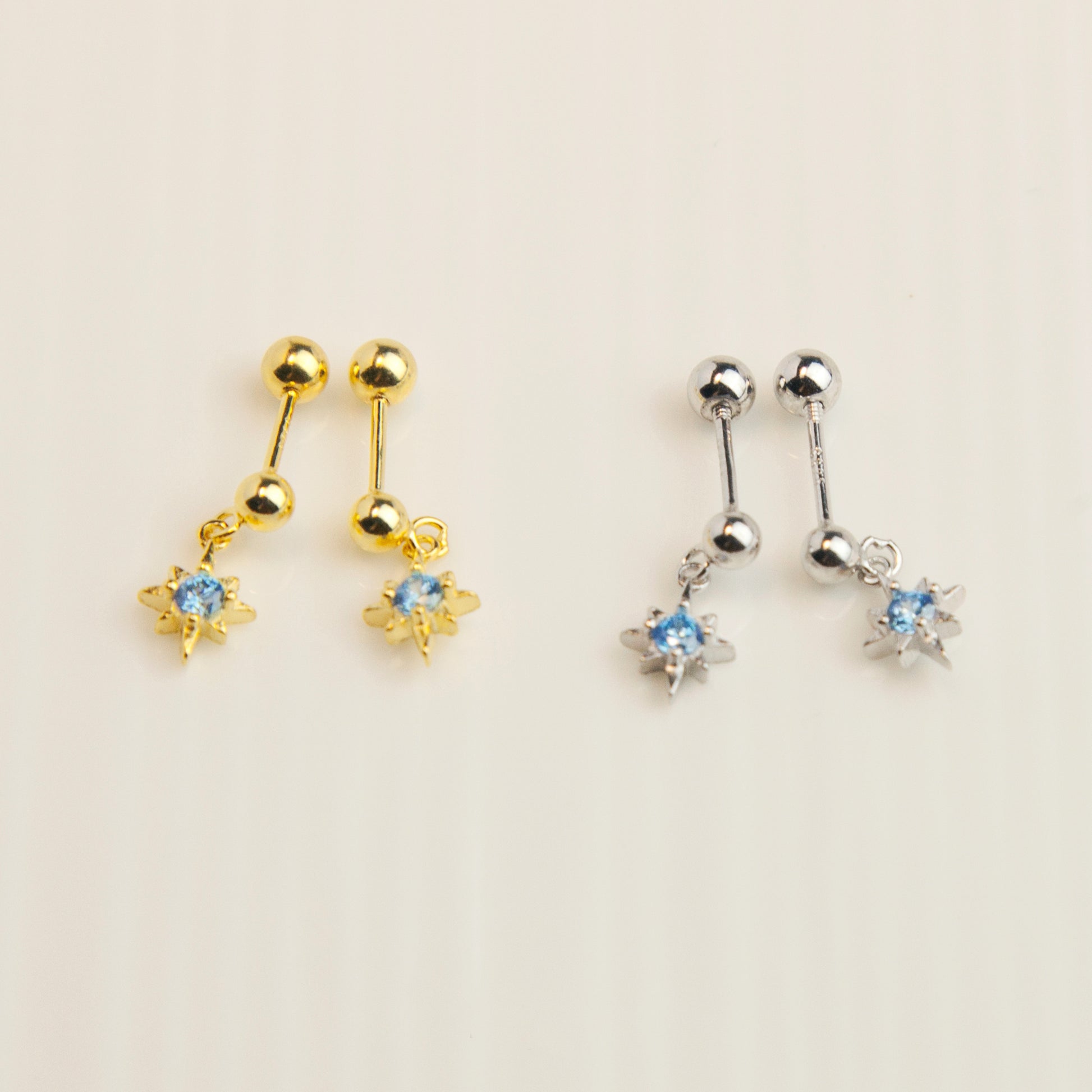 Elegant Starburst Stud Earrings with Blue CZ Crystals, Tiny Sparkle Dangle Stud Earring, Skinny Earring, Screw Back Labret Stud Cartilage Earring Tragus Stud Helix Piercing Nose Piercing