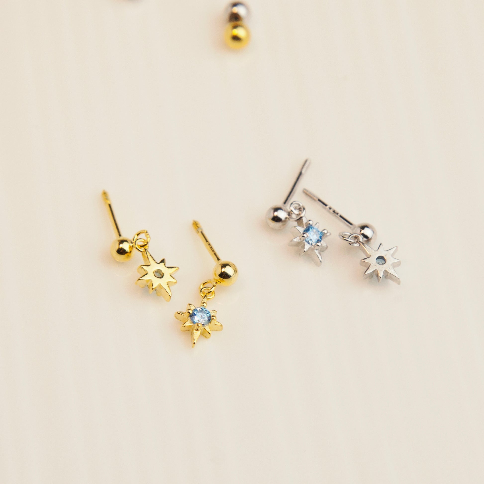 Elegant Starburst Stud Earrings with Blue CZ Crystals, Tiny Sparkle Dangle Stud Earring, Skinny Earring, Screw Back Labret Stud Cartilage Earring Tragus Stud Helix Piercing Nose Piercing