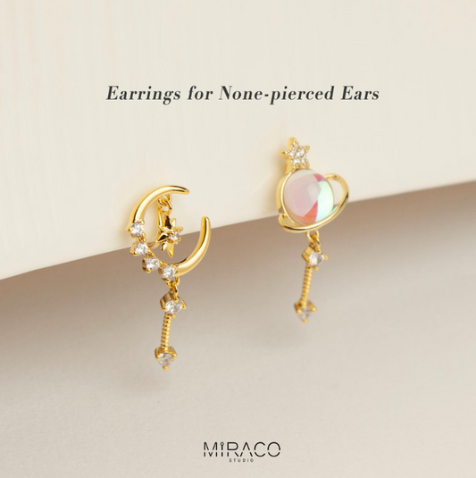 Fairy Celestial Diamond Earrings, Asymmetry Star Moon Stone Drop Ear Clips, Non Pierced Earrings