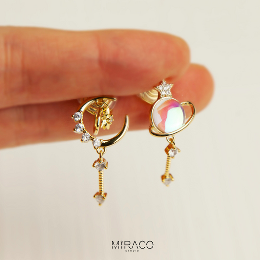 Fairy Celestial Diamond Earrings, Asymmetry Star Moon Stone Drop Ear Clips, Non Pierced Earrings