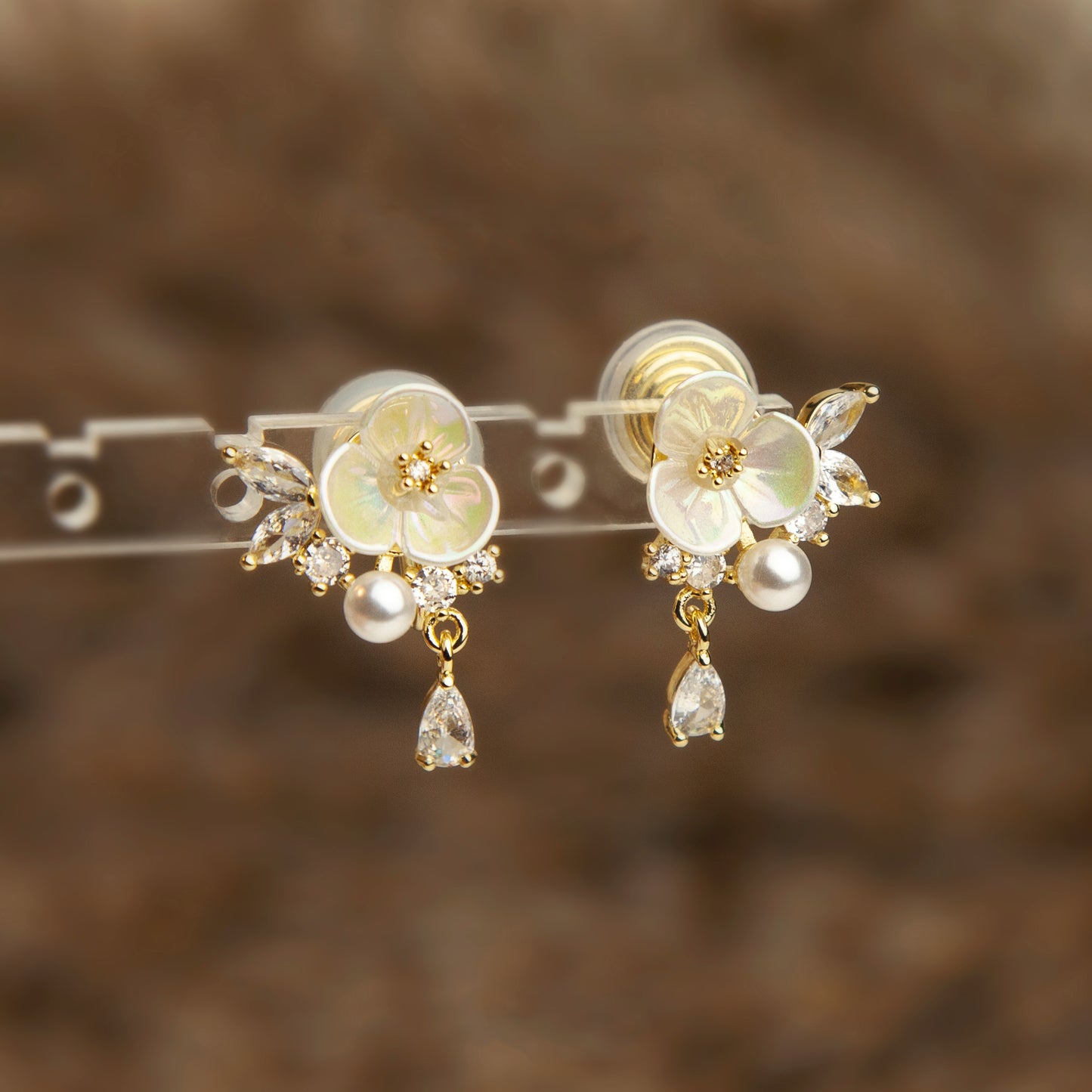 Fairy Cream White Pearl Flower Clip-On Earrings with Small Pearl and Crystal Leaves, Non-pierced Earrings, Elegant Wedding Earrings, Bridal Earrings, Laser-textured Finish Flower Studs Earrings