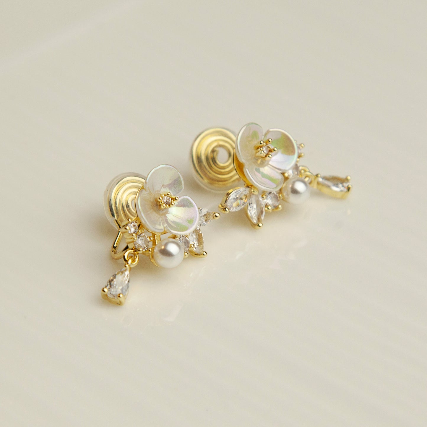 Fairy Cream White Pearl Flower Clip-On Earrings with Small Pearl and Crystal Leaves, Non-pierced Earrings, Elegant Wedding Earrings, Bridal Earrings, Laser-textured Finish Flower Studs Earrings