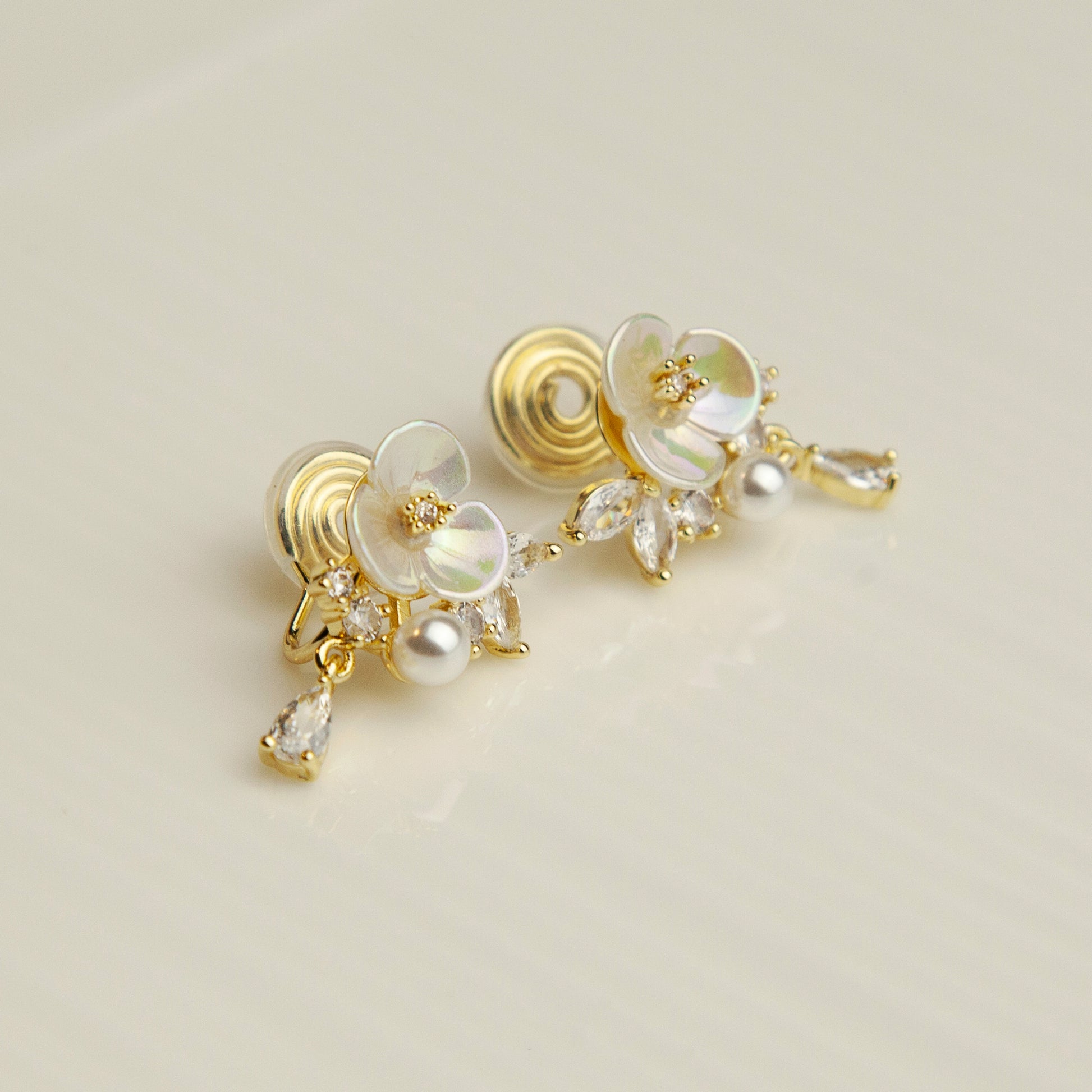Fairy Cream White Pearl Flower Clip-On Earrings with Small Pearl and Crystal Leaves, Non-pierced Earrings, Elegant Wedding Earrings, Bridal Earrings, Laser-textured Finish Flower Studs Earrings