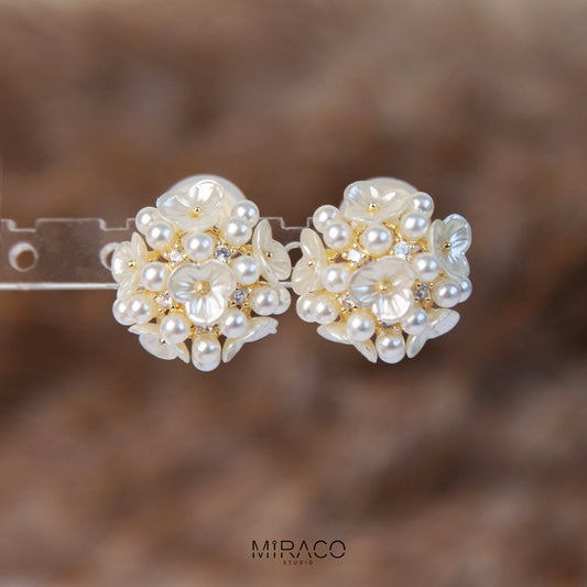 Fairy Pearls Flower Stud Earrings, Non Pierced Floral Wedding Bridal Studs