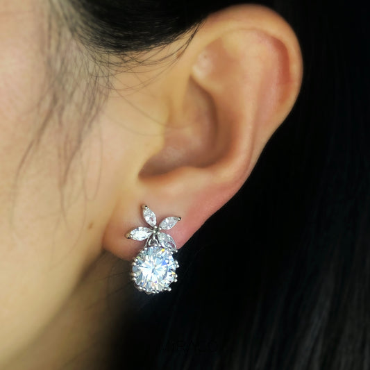 Flower Crystal Clip On Dangle Earrings, Silver Leaf Diamond Earrings, Non Pierced Plant Earrings