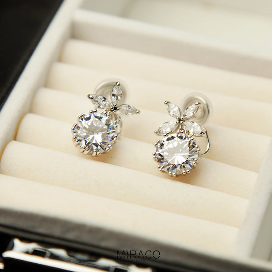Flower Crystal Clip On Dangle Earrings, Silver Leaf Diamond Earrings, Non Pierced Plant Earrings