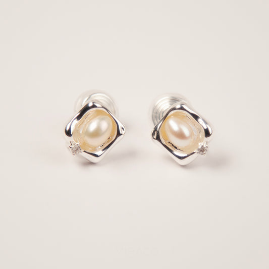 Freshwater Pealrs Ear Clips, Non Pierced Silver Square Stud Simple Minimal Pearl Studs
