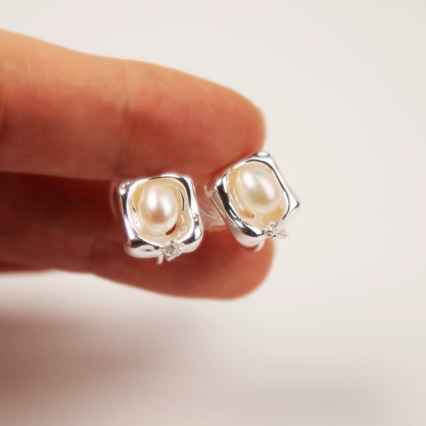 Freshwater Pealrs Ear Clips, Non Pierced Silver Square Stud Simple Minimal Pearl Studs