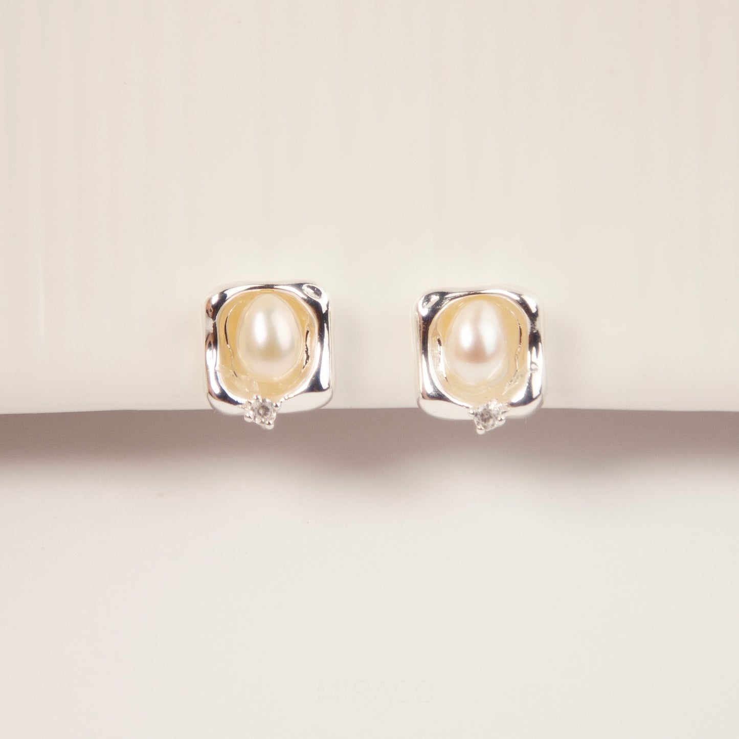 Freshwater Pealrs Ear Clips, Non Pierced Silver Square Stud Simple Minimal Pearl Studs
