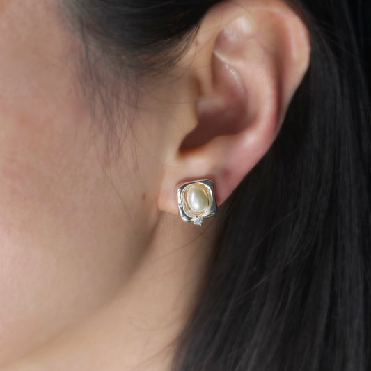 Freshwater Pealrs Ear Clips, Non Pierced Silver Square Stud Simple Minimal Pearl Studs