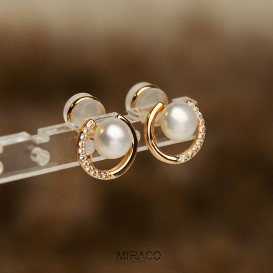 Freshwater Pealrs Pave Diamond Clip, Non Pierced Gold Plated Circle Small Pearl Bridal Studs