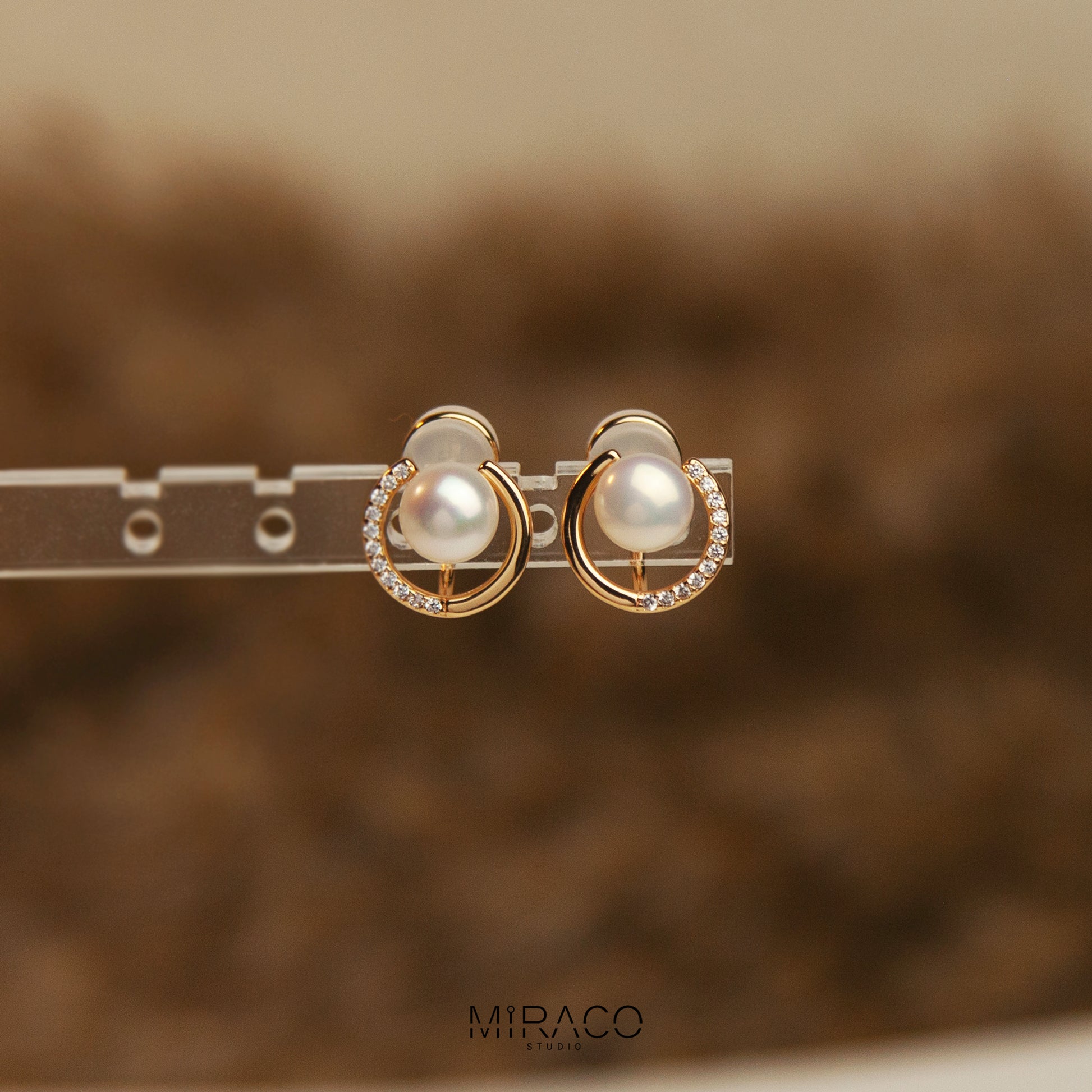 Freshwater Pealrs Pave Diamond Clip, Non Pierced Gold Plated Circle Small Pearl Bridal Studs