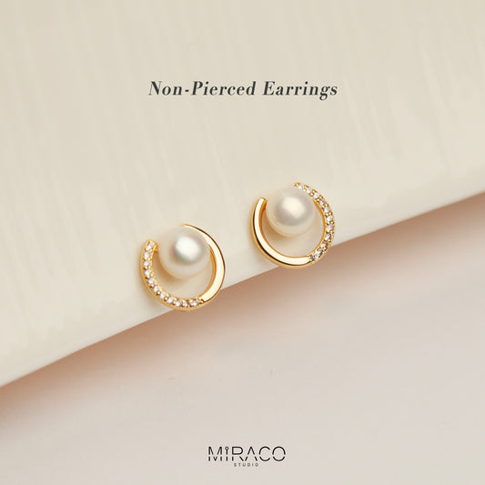 Freshwater Pealrs Pave Diamond Clip, Non Pierced Gold Plated Circle Small Pearl Bridal Studs