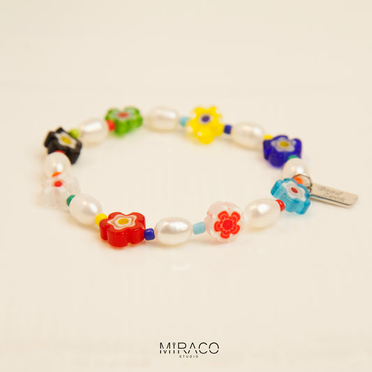 Freshwater Pearl Bead Bracelet, Cute Millefiori Beaded Flower