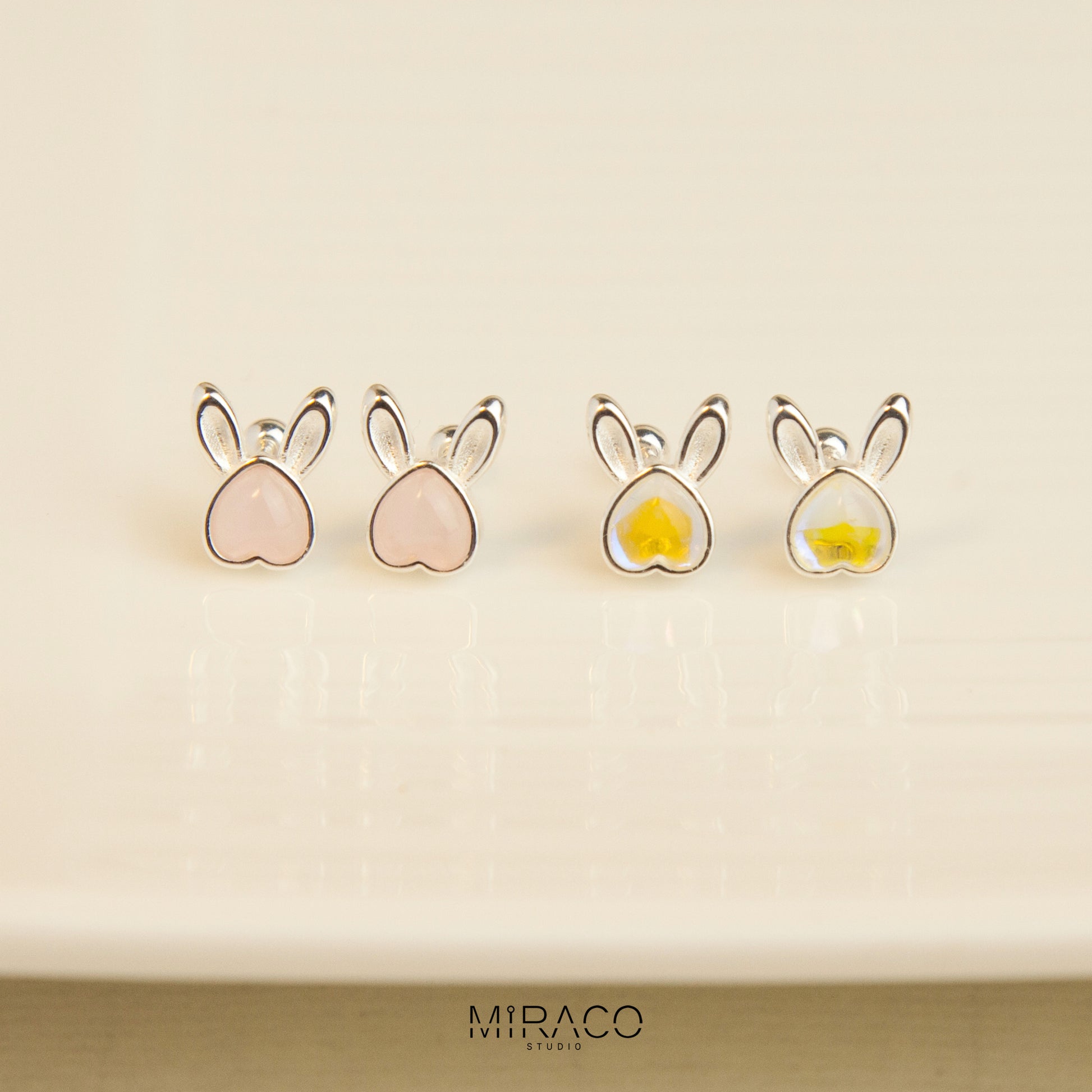 Gemstone Bunny Stud Earrings with Screw Back, S999 Sterling Silver Earrings, Skinny Pink Aurora Rabbit Earrings, Animal Piercing Earrings