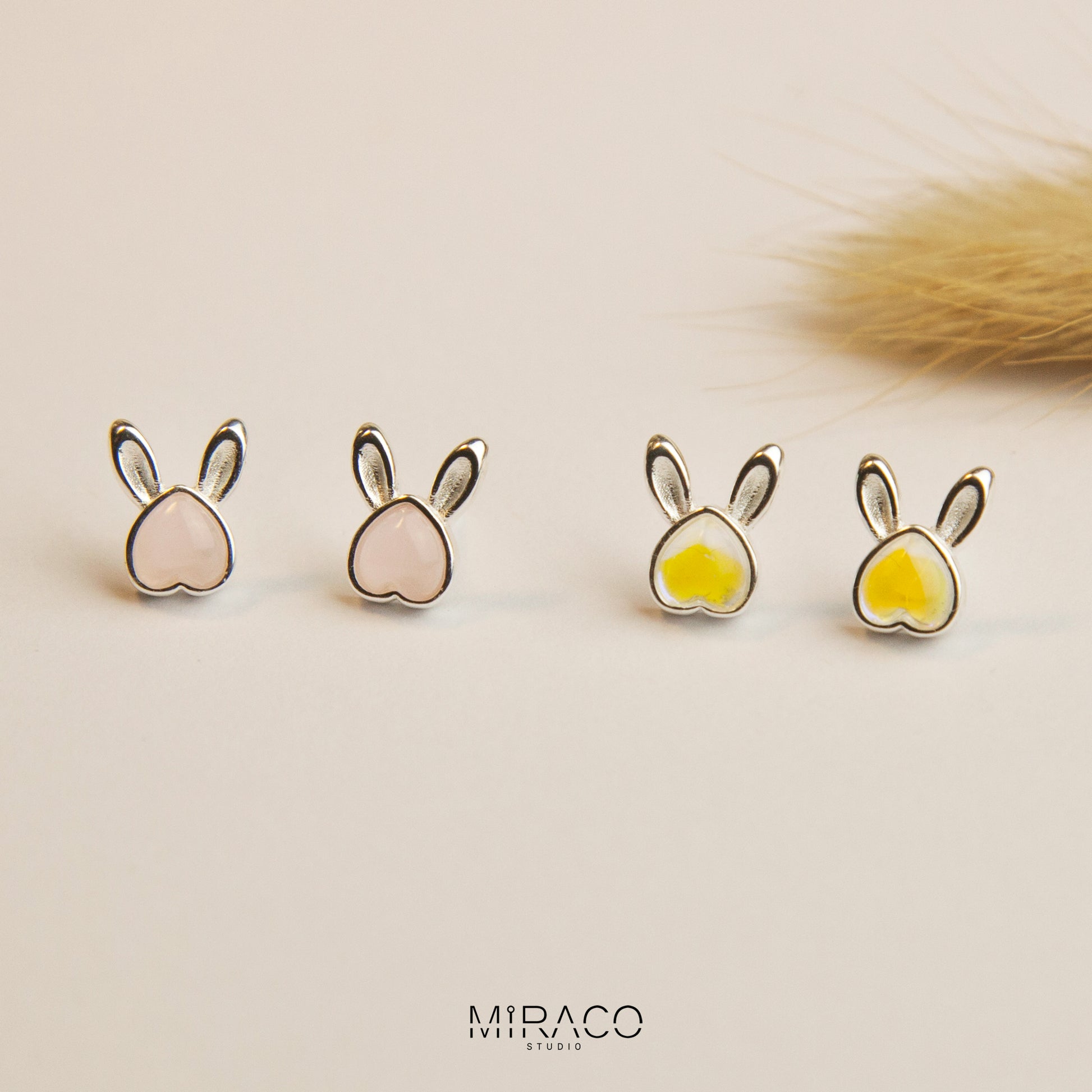 Gemstone Bunny Stud Earrings with Screw Back, S999 Sterling Silver Earrings, Skinny Pink Aurora Rabbit Earrings, Animal Piercing Earrings