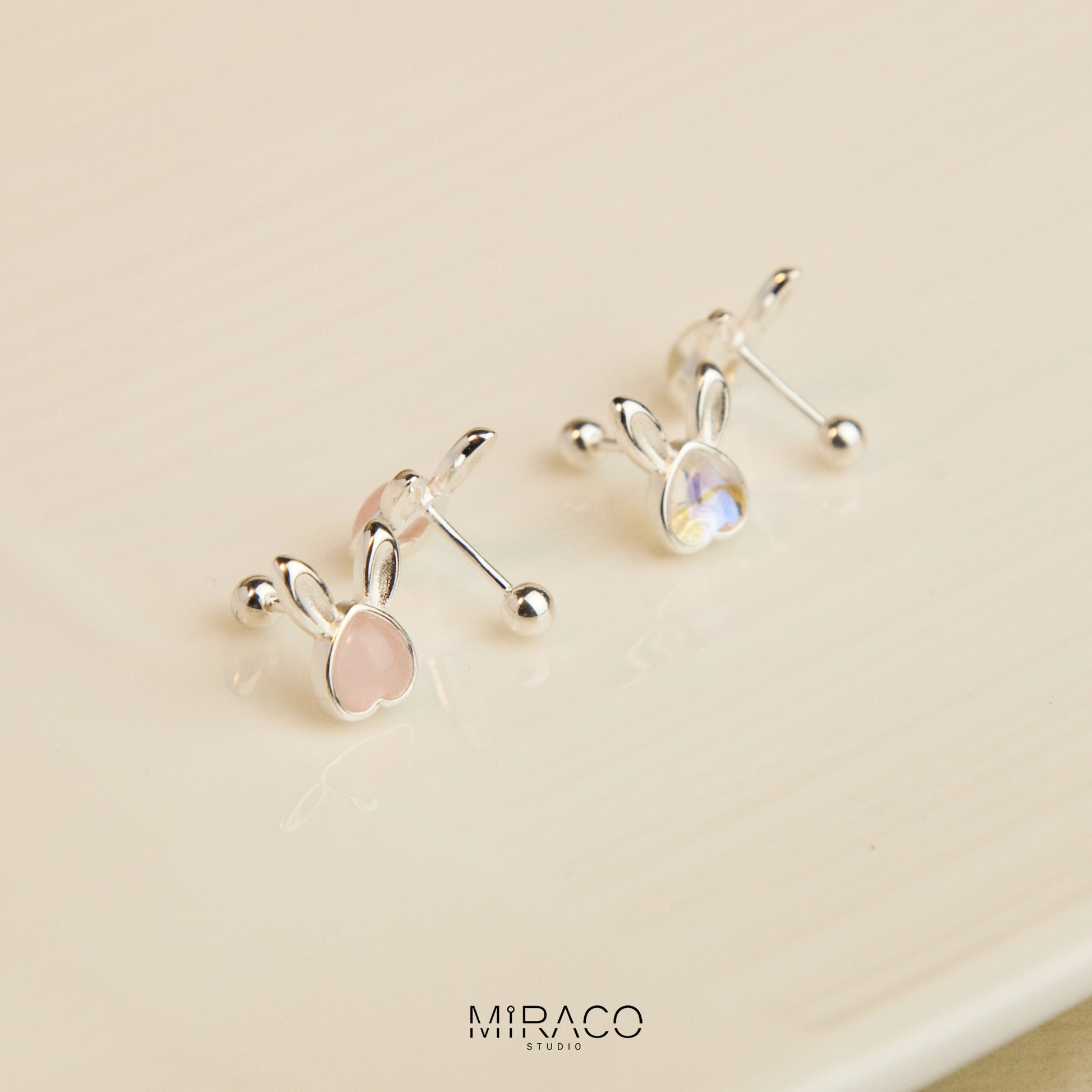 Gemstone Bunny Stud Earrings with Screw Back, S999 Sterling Silver Earrings, Skinny Pink Aurora Rabbit Earrings, Animal Piercing Earrings