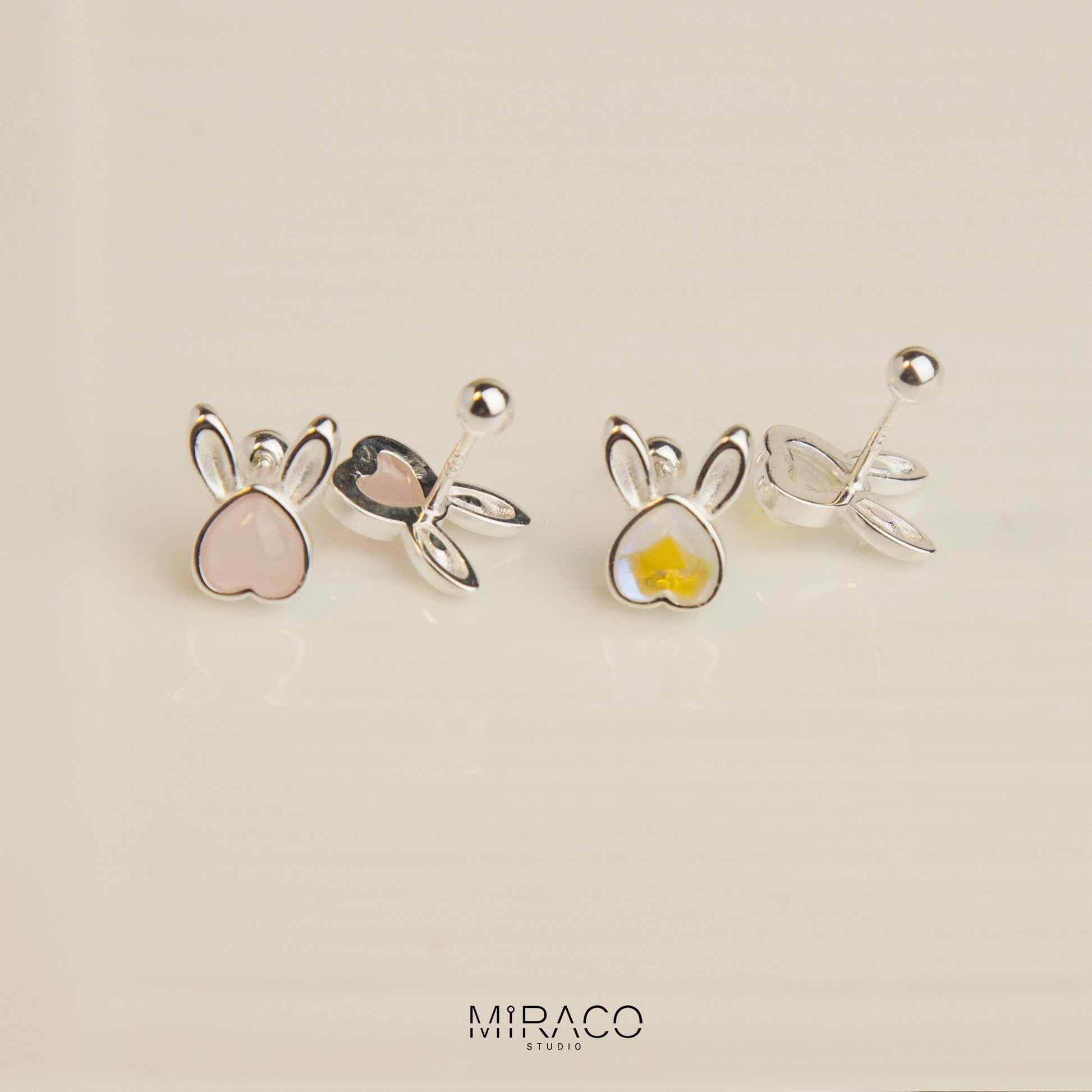 Gemstone Bunny Stud Earrings with Screw Back, S999 Sterling Silver Earrings, Skinny Pink Aurora Rabbit Earrings, Animal Piercing Earrings