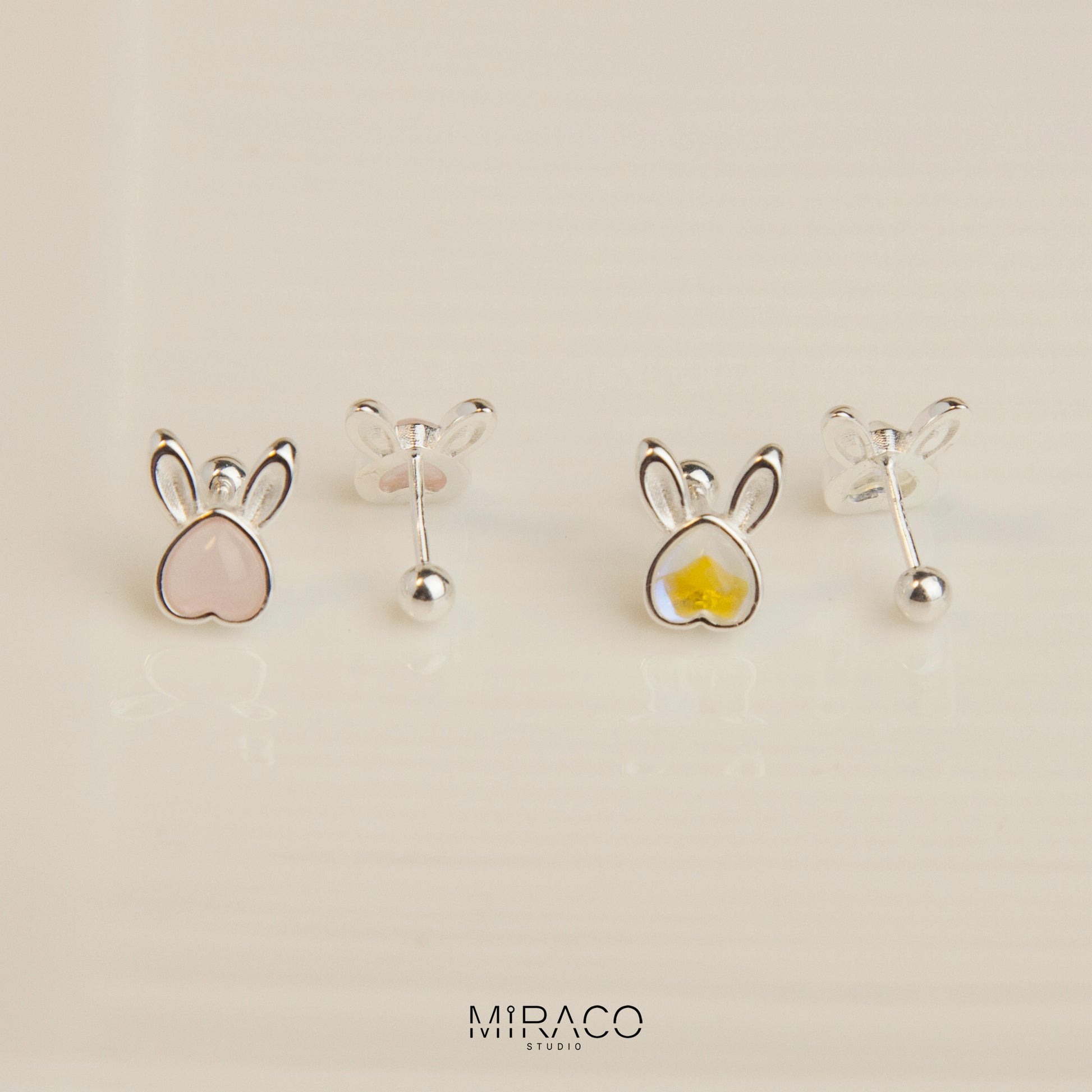 Gemstone Bunny Stud Earrings with Screw Back, S999 Sterling Silver Earrings, Skinny Pink Aurora Rabbit Earrings, Animal Piercing Earrings