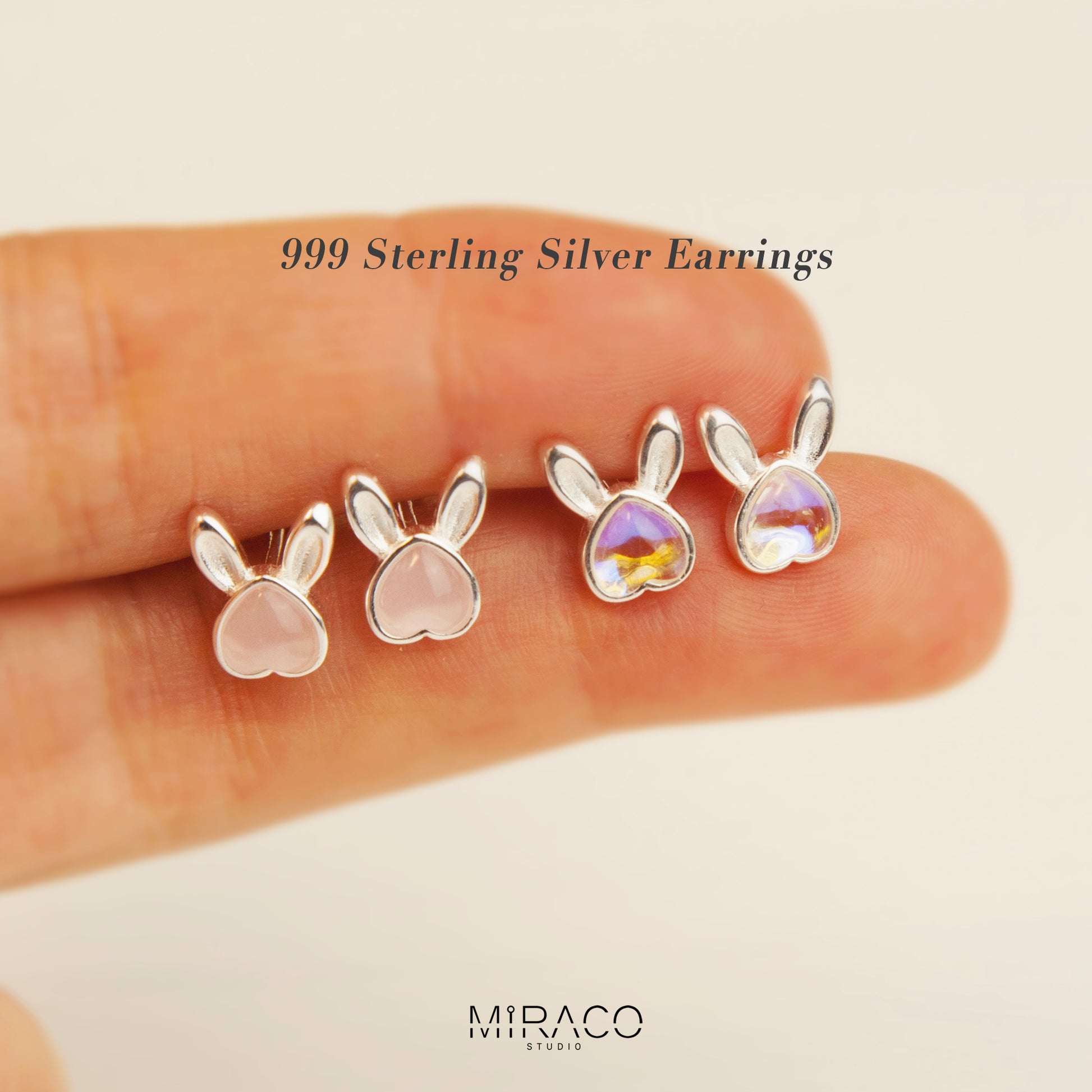 Gemstone Bunny Stud Earrings with Screw Back, S999 Sterling Silver Earrings, Skinny Pink Aurora Rabbit Earrings, Animal Piercing Earrings