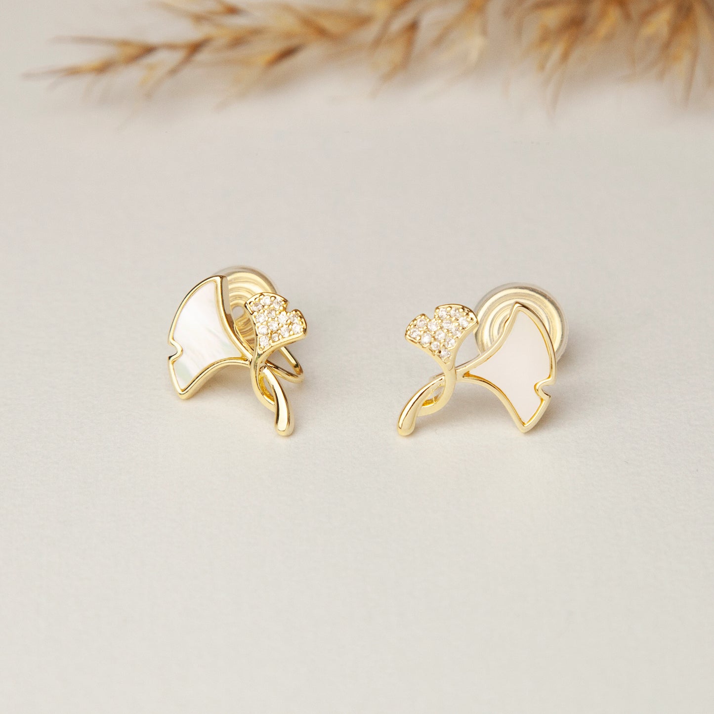 Ginkgo Leaves Stud Clip On Earrings, Gold Plated Ginko Leaf Stud Earrings, Mother Of Pearl Studs With Pave Diamond, None Pierced Earrings