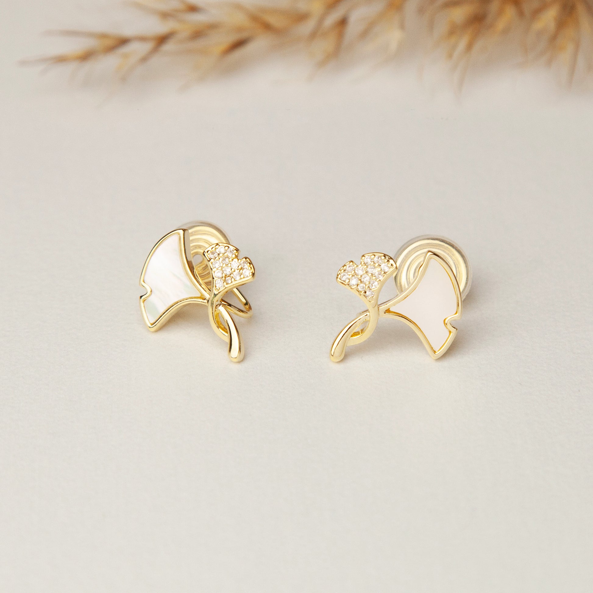 Ginkgo Leaves Stud Clip On Earrings, Gold Plated Ginko Leaf Stud Earrings, Mother Of Pearl Studs With Pave Diamond, None Pierced Earrings