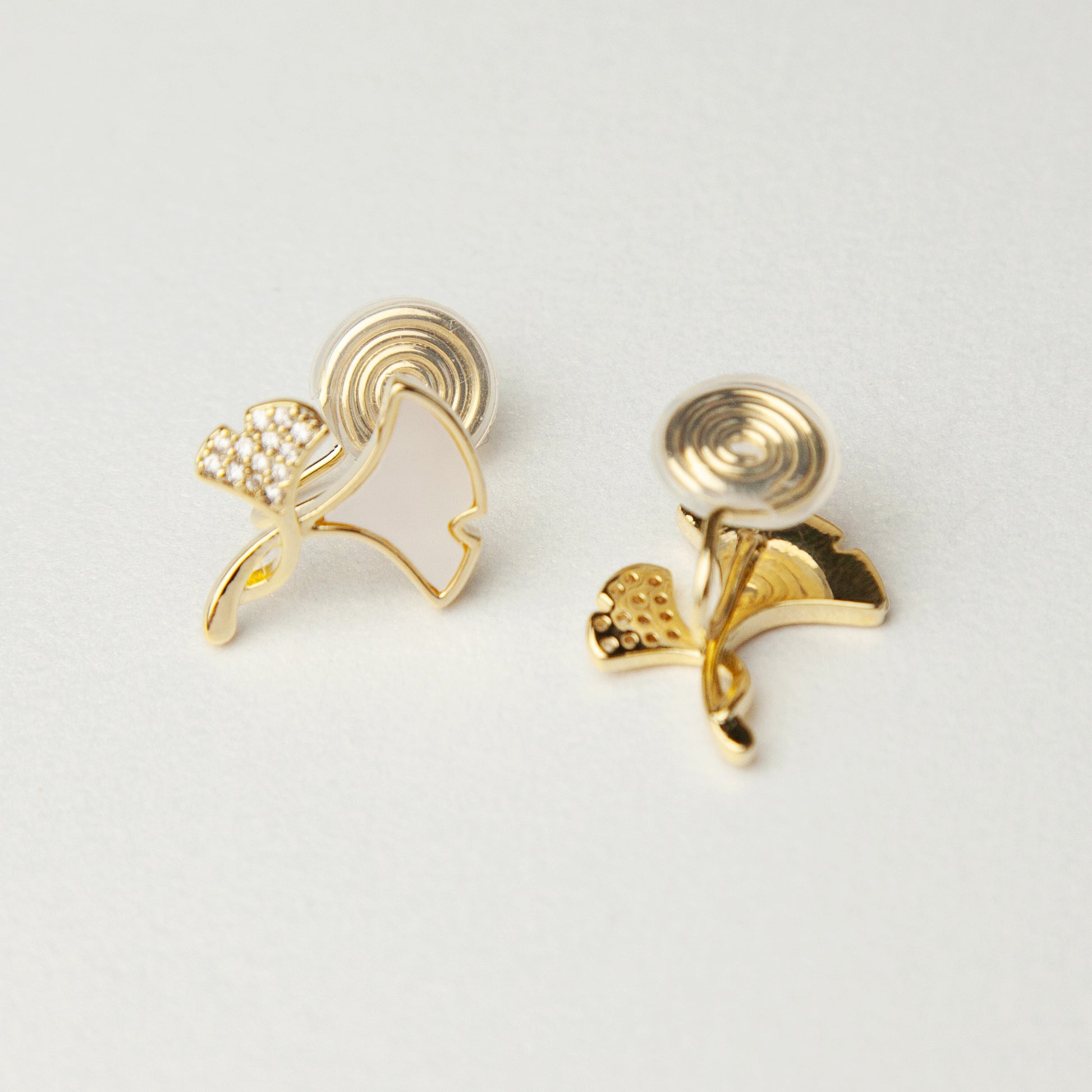 Ginkgo Leaves Stud Clip On Earrings, Gold Plated Ginko Leaf Stud Earrings, Mother Of Pearl Studs With Pave Diamond, None Pierced Earrings
