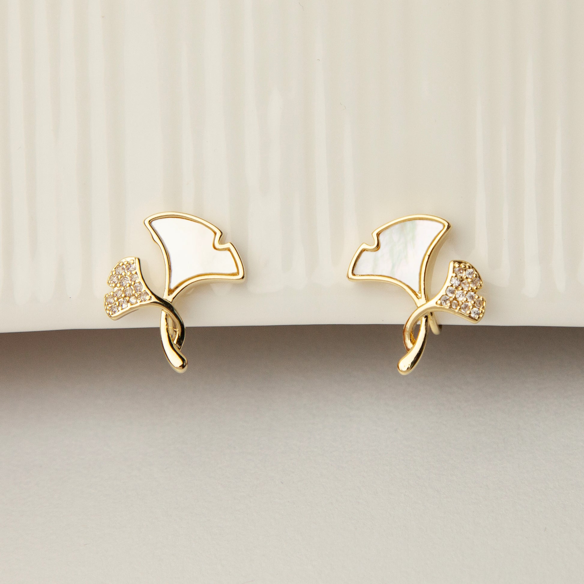 Ginkgo Leaves Stud Clip On Earrings, Gold Plated Ginko Leaf Stud Earrings, Mother Of Pearl Studs With Pave Diamond, None Pierced Earrings