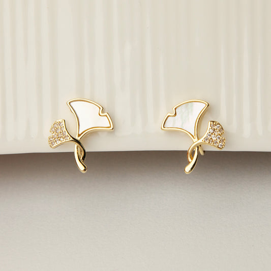 Ginkgo Leaves Stud Clip On Earrings, Gold Plated Ginko Leaf Stud Earrings, Mother Of Pearl Studs With Pave Diamond, None Pierced Earrings