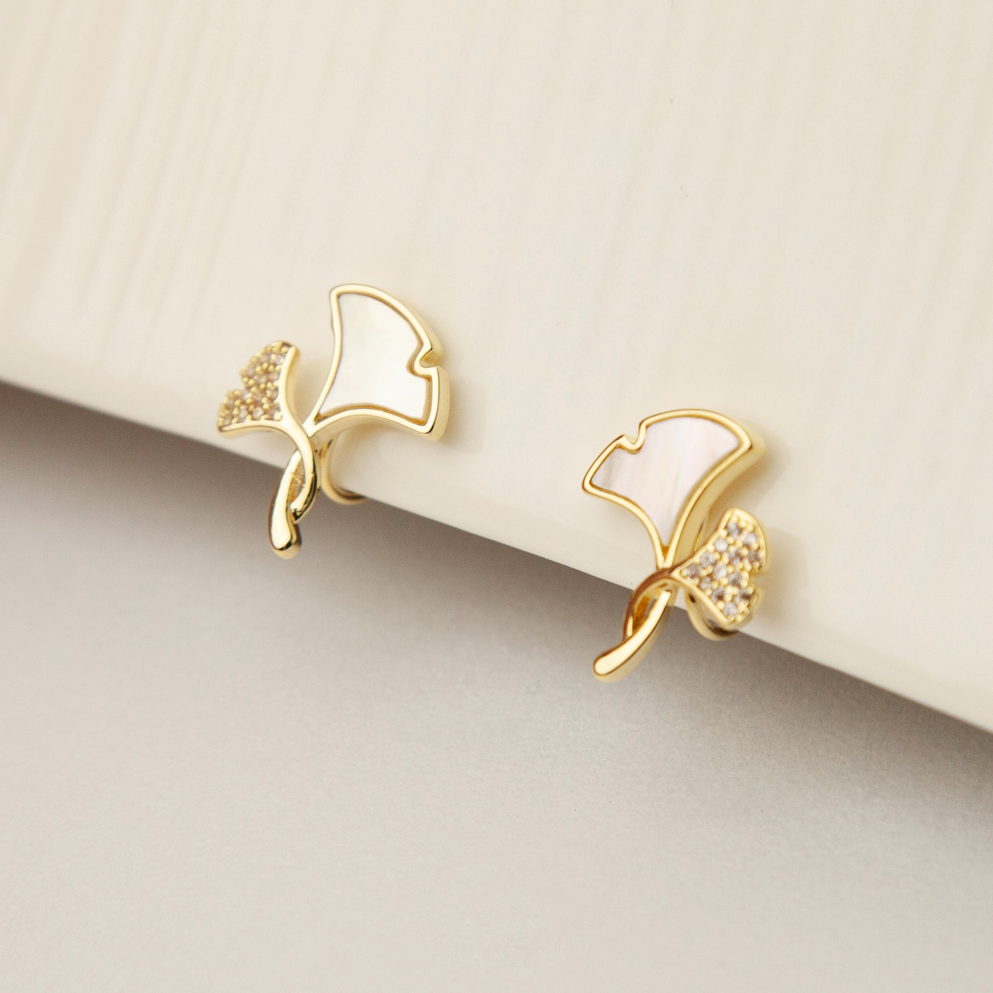 Ginkgo Leaves Stud Clip On Earrings, Gold Plated Ginko Leaf Stud Earrings, Mother Of Pearl Studs With Pave Diamond, None Pierced Earrings