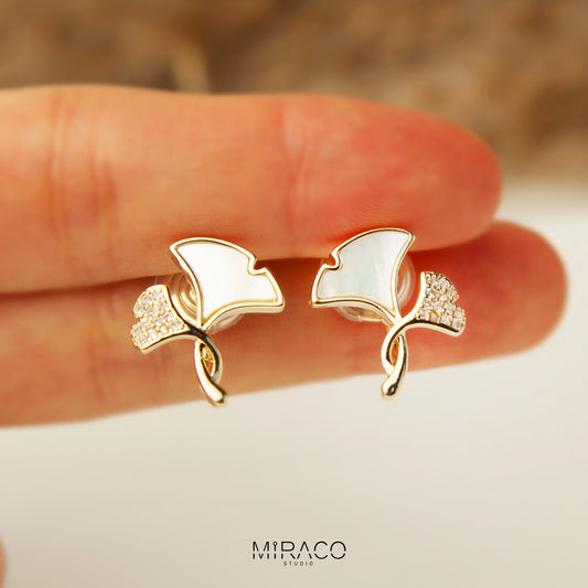 Ginkgo Leaves Stud Clip On Earrings, Gold Plated Ginko Leaf Stud Earrings, Mother Of Pearl Studs With Pave Diamond, None Pierced Earrings