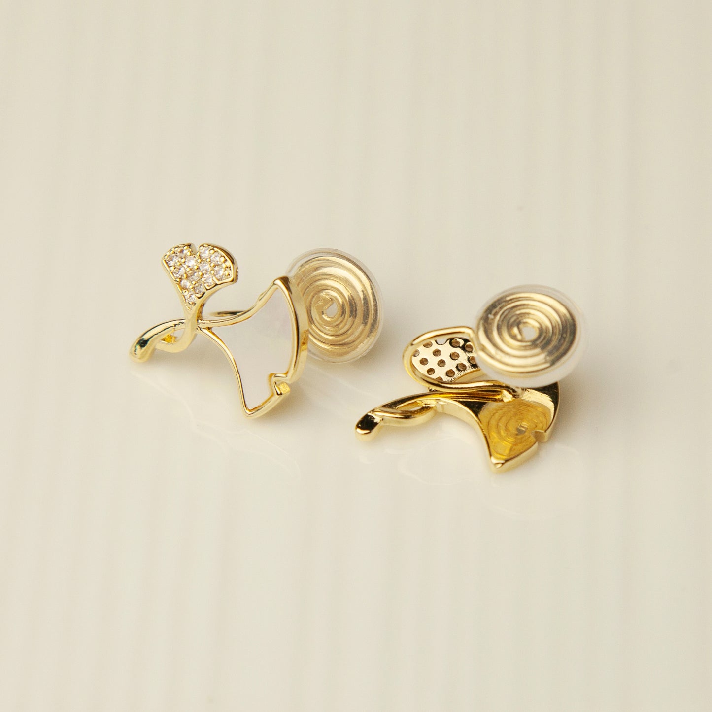 Ginkgo Leaves Stud Clip On Earrings, Gold Plated Ginko Leaf Stud Earrings, Mother Of Pearl Studs With Pave Diamond, None Pierced Earrings